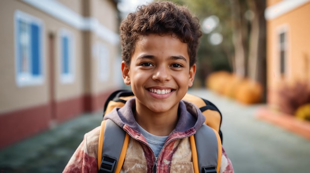 Happy boy with backpack smiling in front of a school building
