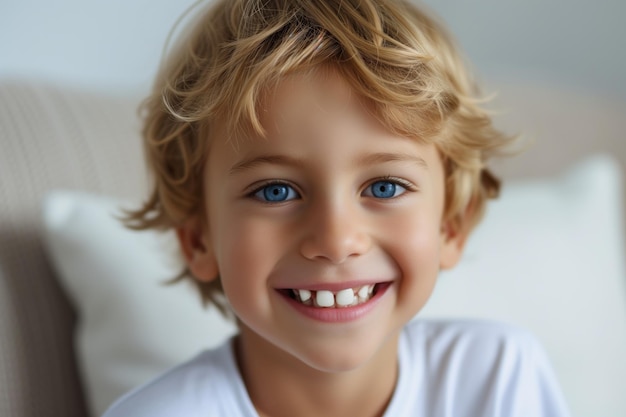 Счастливый мальчик с красивой белой молочной зубчатой улыбкой ребенок стоматология и стоматология