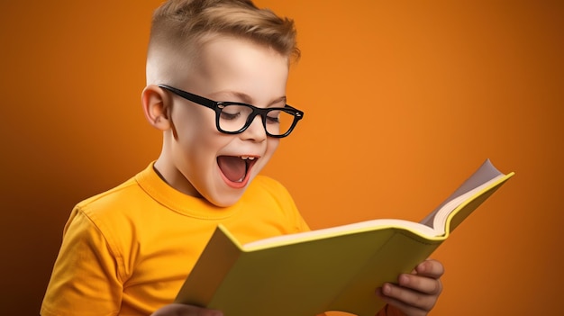 Happy boy with book in the hands on the yellow background