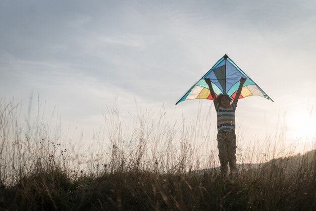 Happy  boy with kite silhouette on grass meadow