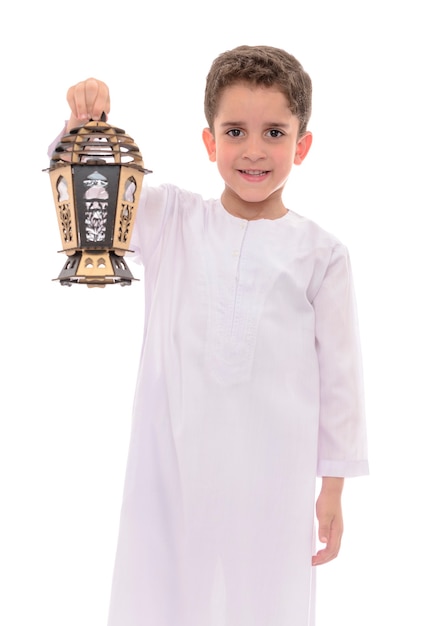 Happy Boy with Lantern Over White Background