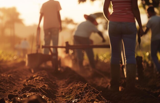 Foto felice piantatore brasiliano agricoltori che usano aratri per preparare il terreno per la piantagione di soia in brasile