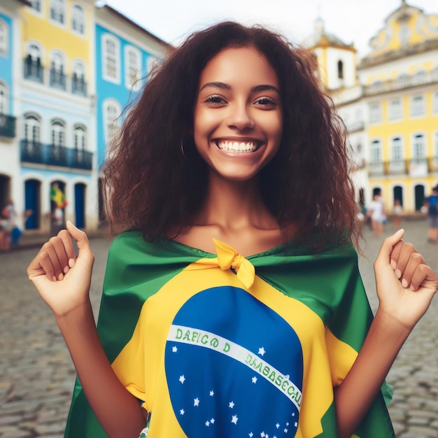 happy brazilian woman proud to be brazilian flag of brazil