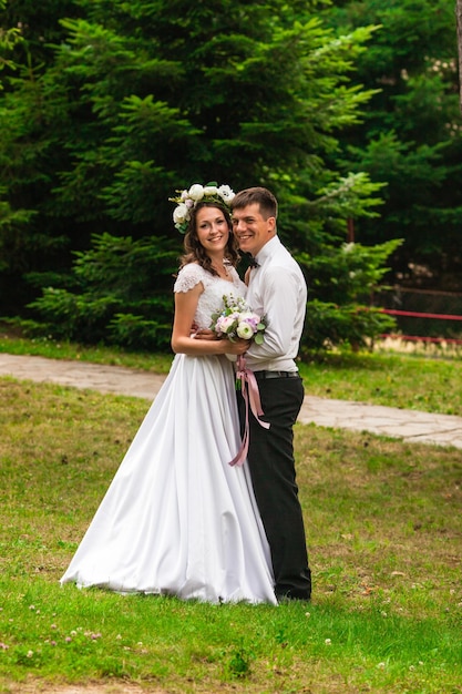 Happy bride and groom after wedding ceremony