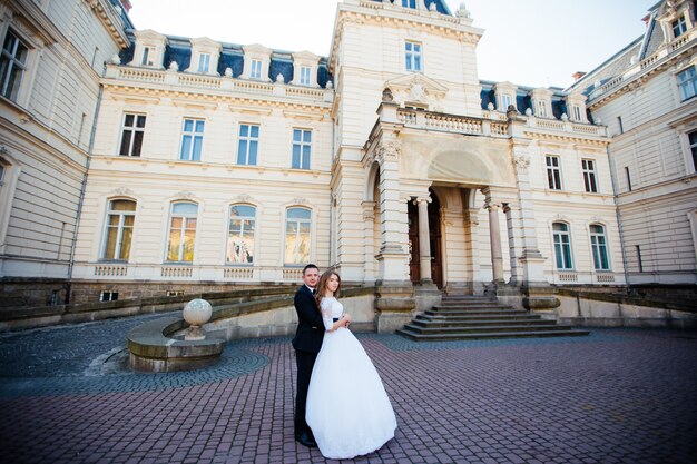 Happy bride and groom celebrating wedding day