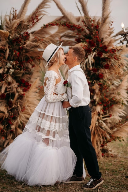 happy bride and groom at the decoration ark