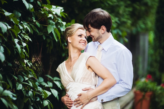 Happy bride and groom having fun