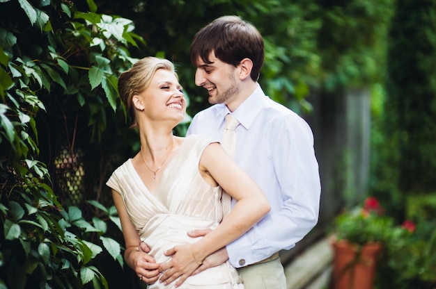 Happy bride and groom having fun