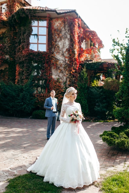 Happy bride and groom outdoor