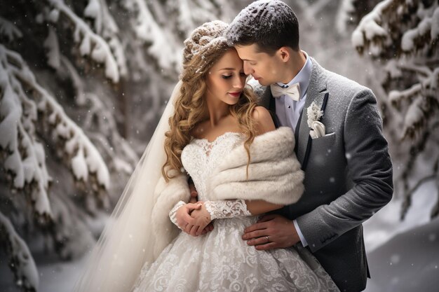 Happy bride and groom spending time in the winter park