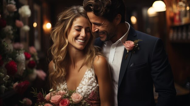 happy bride and groom in wedding dress