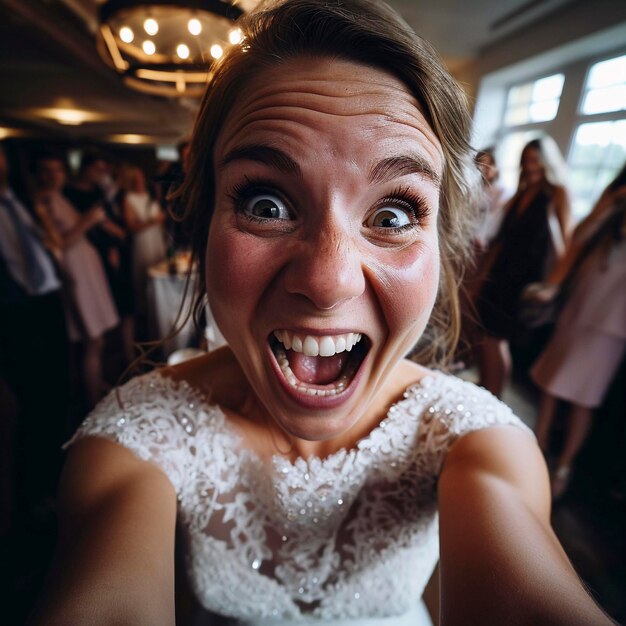 Photo happy bride takes a selfie in her wedding generative ai