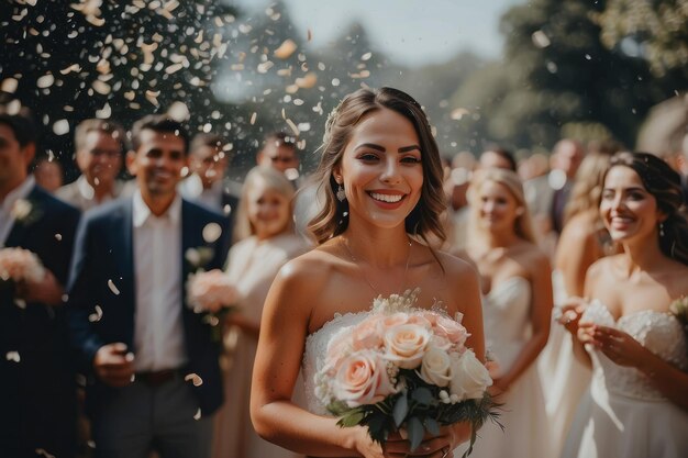 Счастливая невеста на свадебной церемонии и люди, посыпающие цветочные лепестки