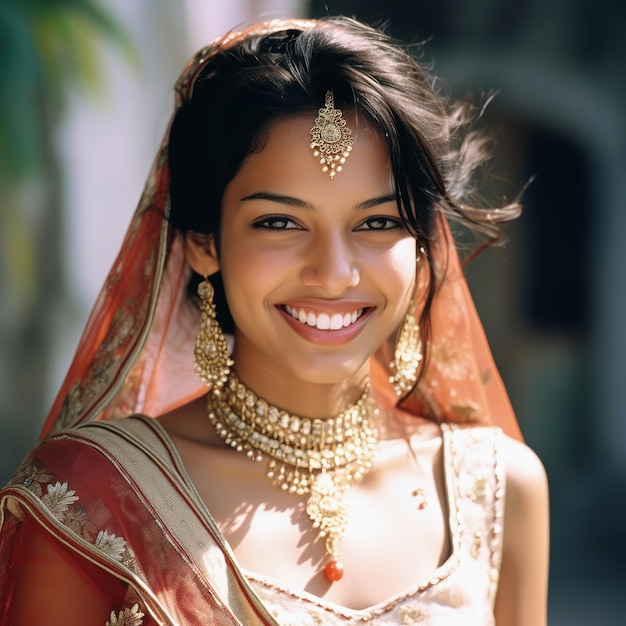 Happy bride Young Indian woman in red wedding dress and bridal veil