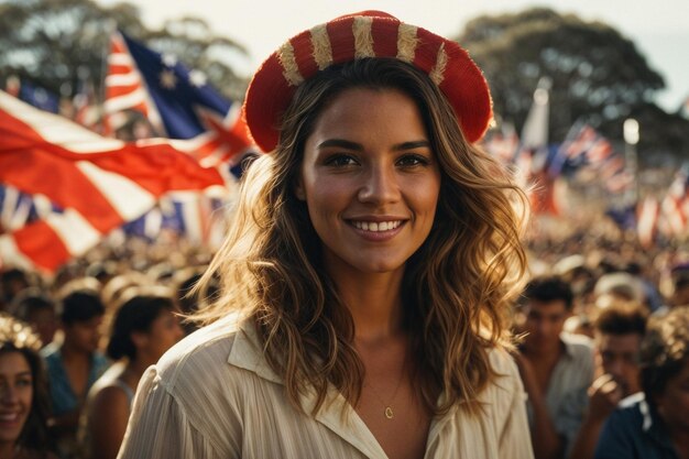 Happy British girl carries fluttering blue white red flag of Great Britain of the United Kingdom an