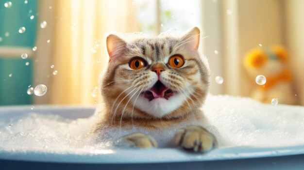 Happy british shorthair cat in the bathtub bathing with shampoo in a grooming salon Foam bubbles are flying around a funny cat Animal Hygiene and pet care concept Copy space Banner Generative AI