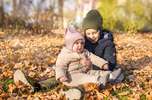 Happy brother and sister sitting in the fallen autumn foliage\
in the park