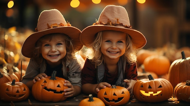 ハロウィーンで幸せな兄と 2 人の姉妹 屋外のカーニバルの衣装を着た面白い子供たち 陽気な子供