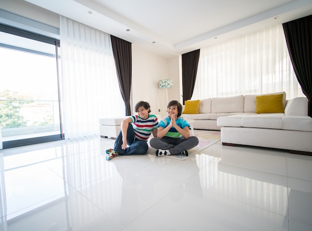 Happy brothers at living room in hotel apartment