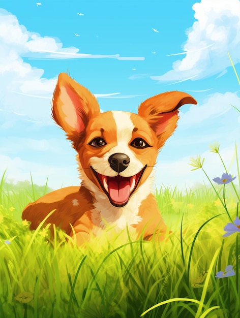 Happy brown dog sitting in grass field background