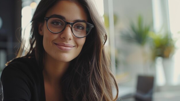 A happy brunette business woman foresees success by using a laptop smiling to the camera while working in a modern office while wearing glasses An entrepreneurial and career concept of success