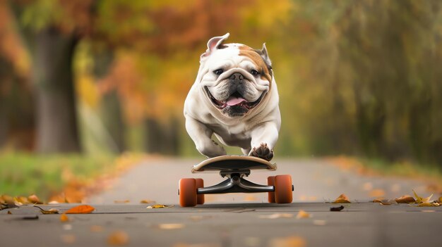 A happy bulldog skateboarding down a road lined with trees in the fall The bulldog is white and brown and is wearing a red collar