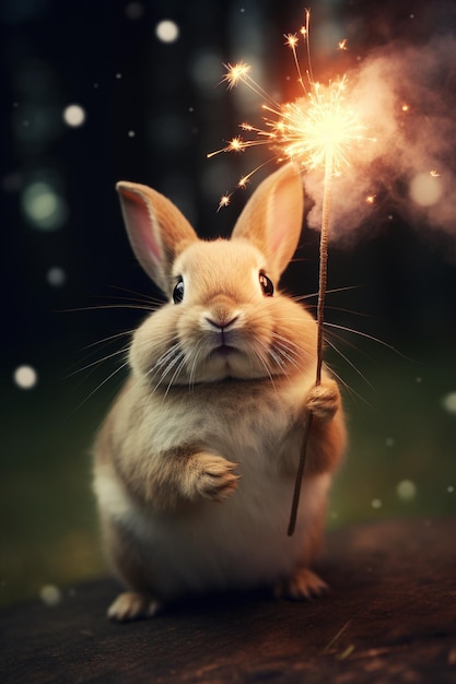 Foto coniglietto felice che celebra la vigilia di capodanno con scintilli e fuochi d'artificio