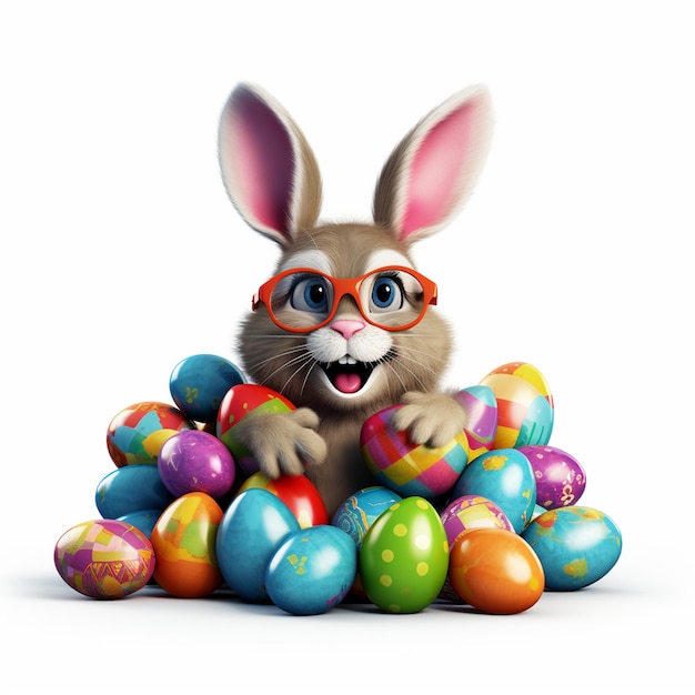 Photo happy bunny rabbit with easter eggs colorful easter holiday celebration