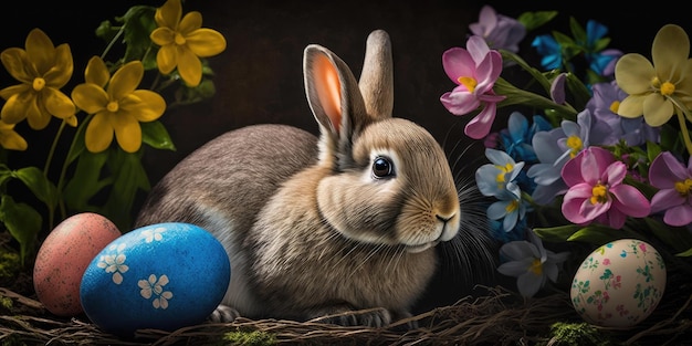 Счастливый кролик с пасхальными яйцами Красочное празднование Пасхи