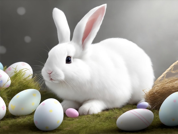 Happy bunny rabbits with easter eggs Generative AI Illustration