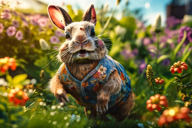 A happy bunny wearing a flowery summer dress and sunglasses jumping through a field of wildflowers while holding a carrot in its mouth