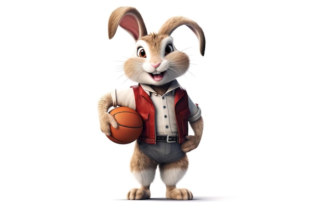 Счастливый кролик с большими ушами позирует с баскетболом в студии
