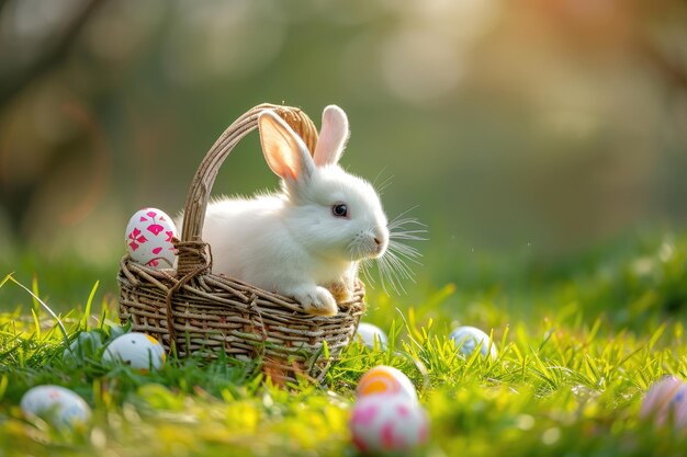 Happy bunny with Easter eggs on grass festive generative ai
