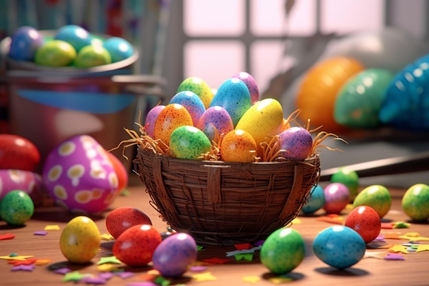 Foto coniglietto felice con molte uova di pasqua colorate concetto di giorno di pasqua con caramelle o fiori a nido di coniglietto