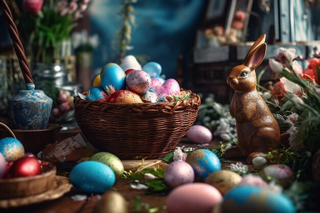 Happy bunny with many colorful easter eggs Easter day concept with bunny nest candy or flower