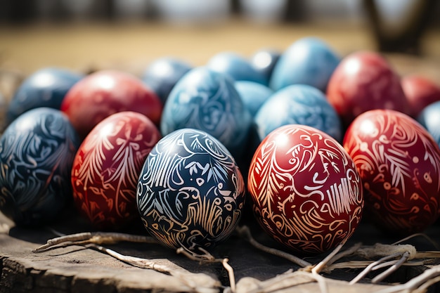 Happy bunny with many colorful easter eggs Easter day concept with bunny nest candy or flower