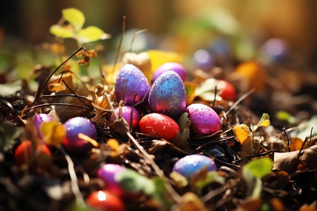 Happy bunny with many colorful easter eggs Easter day concept with bunny nest candy or flower