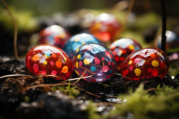 다채로운 부활절 달과 함께 행복한 토끼 부활절 날 개념 토끼 둥지 사탕 또는 꽃
