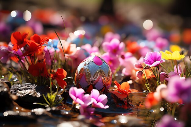 Happy bunny with many colorful easter eggs Easter day concept with bunny nest candy or flower