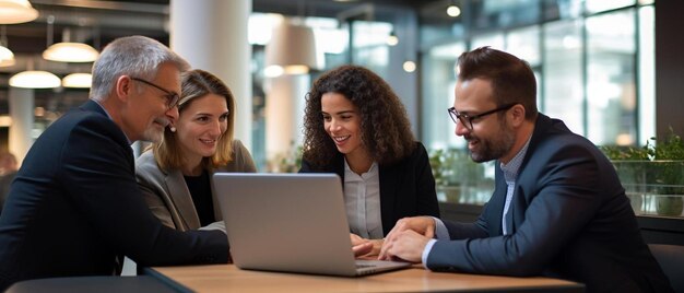 Photo happy business colleagues discussing over laptop in office