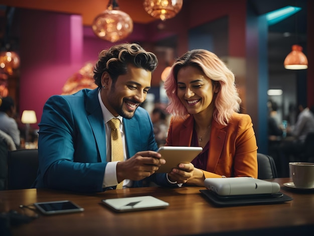 Happy business colleagues having discussion over tablet pc white office background