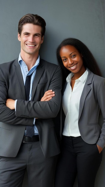 happy business colleagues standing together by wall