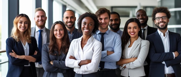 happy business colleagues standing together in office