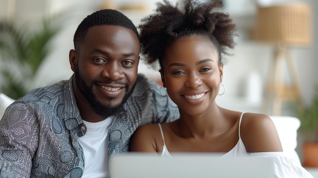 A happy business couple looking at a laptop computer isolated on a white background