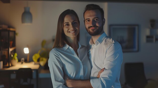 Photo happy business couple standing together at home office generative ai