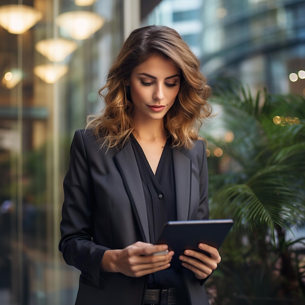 Happy business lady in glasses smiling and holding digital tablet in business center Generative ai