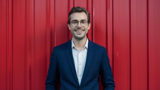 The happy business man standing and smiling against red wall