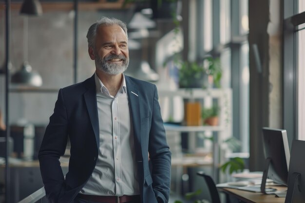 Foto un uomo d'affari felice che indossa un abito in ufficio.