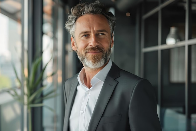 Photo happy business man wearing suit standing in office