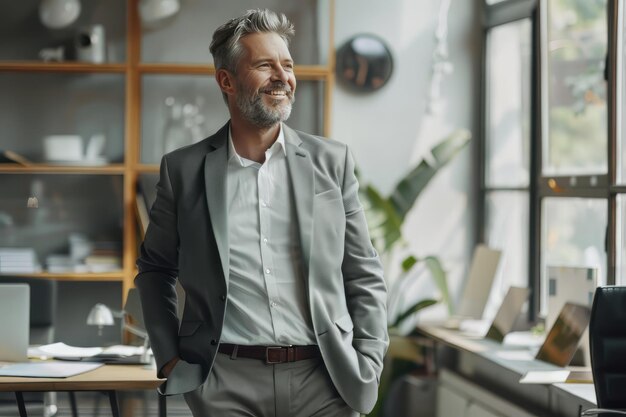 Photo happy business man wearing suit standing in office